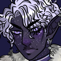 A drawing of a drow man with deep purple skin, white hair and lavender eyes, white, star-like freckles and silver jewelry.