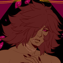 A drawing of a man with short, fluffy hair and medium-deep skin. He has dark sclera and hot pink eyes.